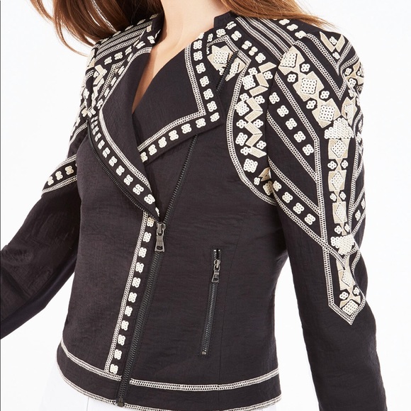 NWT BCBG Geometric Embroidered Moto Jacket - Picture 4 of 8